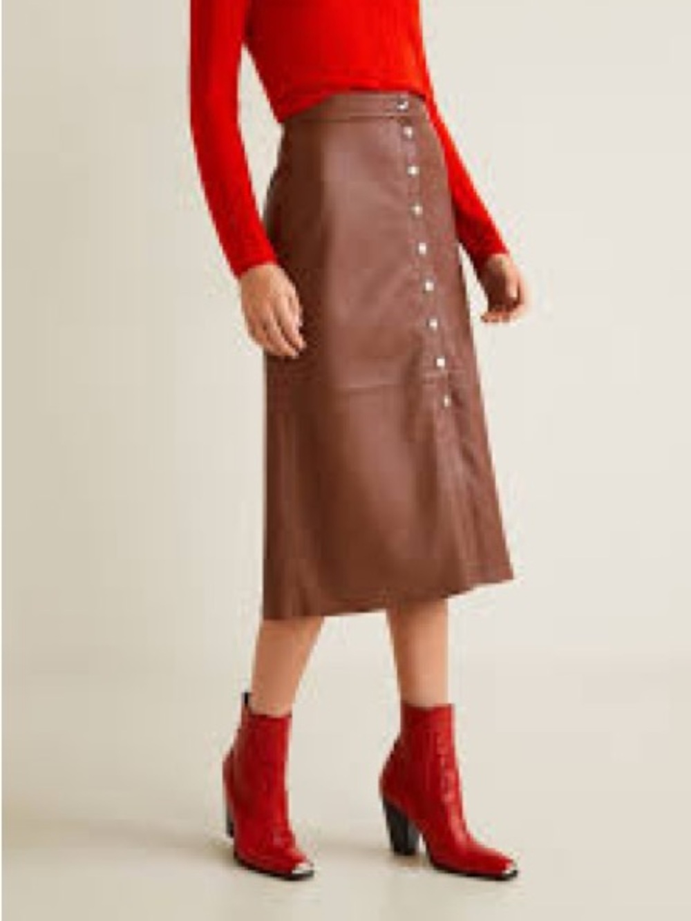 Mango Brown Genuine Leather Button-Front Midi Skirt